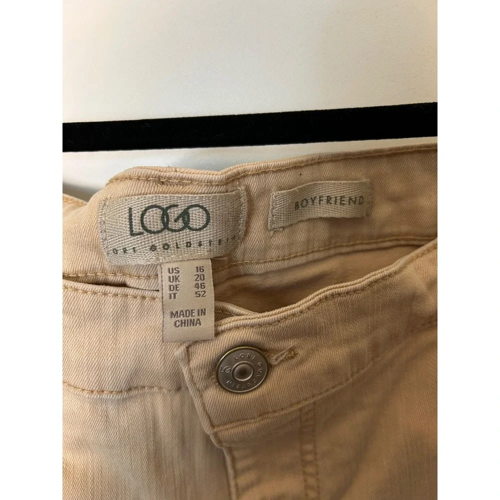 lori goldstien LOGO tan women's 16 blue patches boyfriend pants boho lagenlook